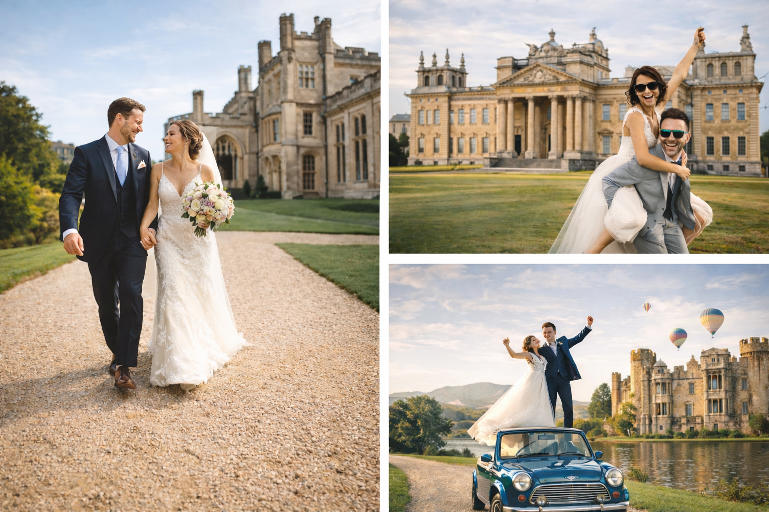Couples celebrating at luxury UK wedding venues with classic British cars including a Mini Cooper