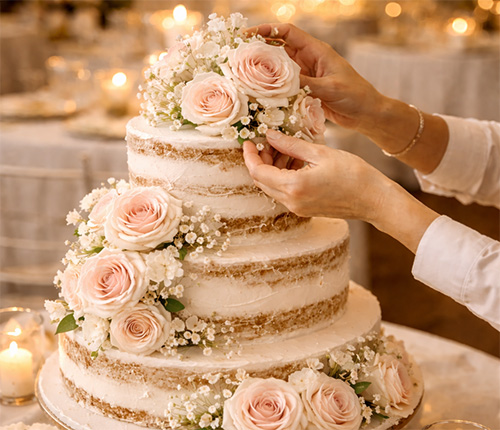 Dorset wedding cake maker finishing a semi naked wedding cake with blush roses