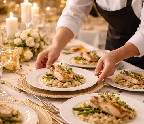 Dorset wedding caterers serving beautifully presented wedding breakfast dishes
