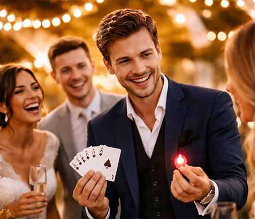Dorset wedding magicians performing close up magic for guests at a wedding