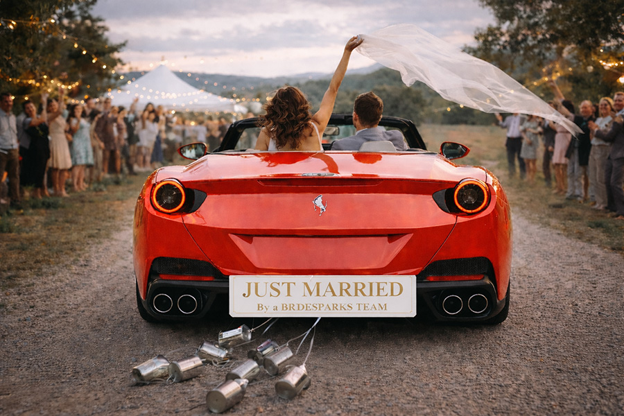 Bride and groom leaving wedding in red Ferrari with just married Bridesparks sign, celebrating wedding supplier rewards UK