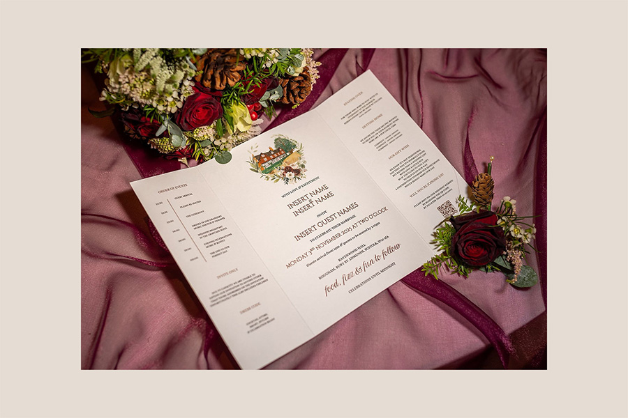 Wedding invitation featuring bespoke venue illustration by Charlotte Chiverton with floral styling