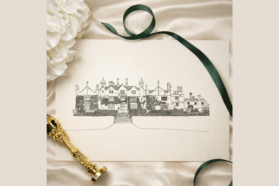 Hand drawn wedding venue illustration by Charlotte Chiverton used for wedding stationery and keepsakes