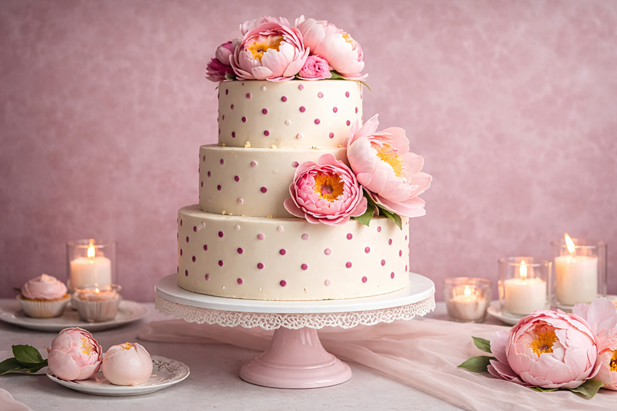 Contemporary pink three tier wedding cake by a wedding cake maker Dorset with floral detail and polka dot design.