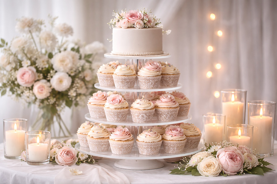 Wedding cupcake tower by a wedding cake maker Dorset with buttercream cupcakes and matching cutting cake.
