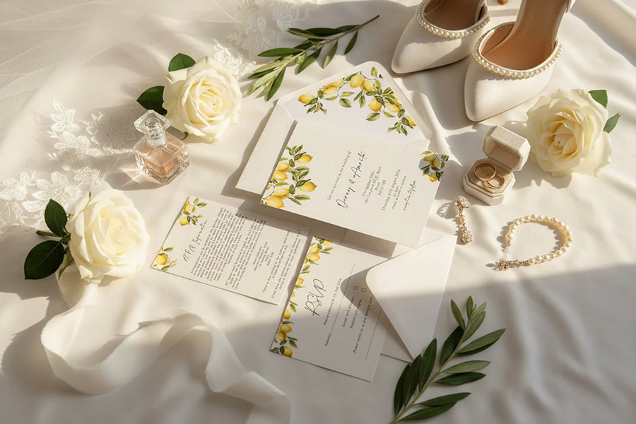 Dorset wedding invitations with botanical design styled in elegant flat lay with bridal accessories and florals
