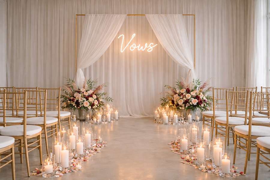 Wedding venue stylist Dorset ceremony backdrop with candles, crystal vases and soft draped fabric.