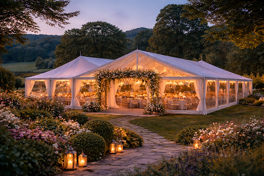 Evening wedding marquee reception lit with festoon lights in Dorset countryside