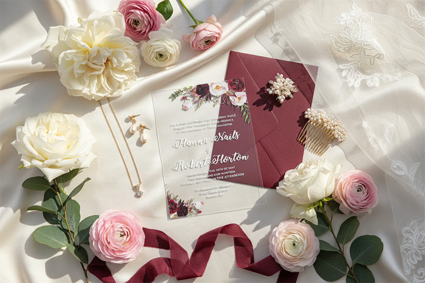 Luxury acrylic wedding invitation with burgundy envelope by Graceful Lace Stationery styled with bridal jewellery and romantic florals