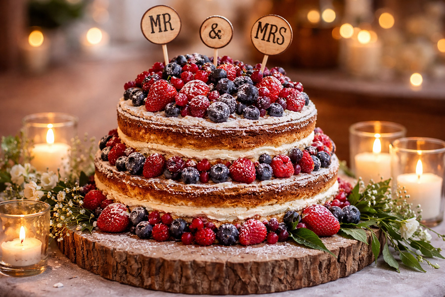 Rustic naked tiered wedding cake decorated with fresh berries and flowers