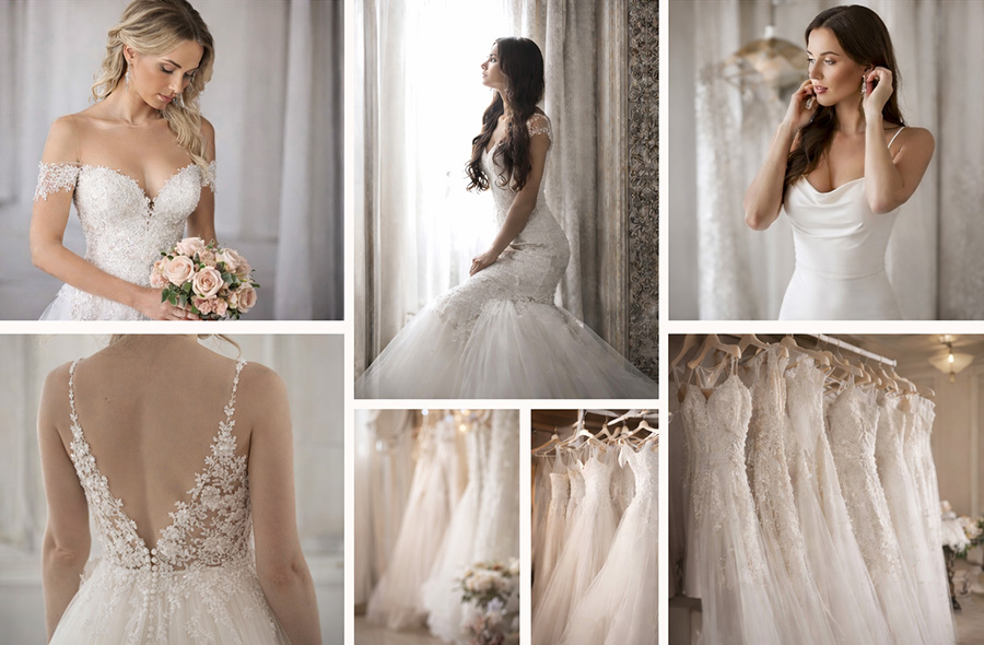 Collage of wedding dresses and boutique displays in Hampshire bridal boutiques