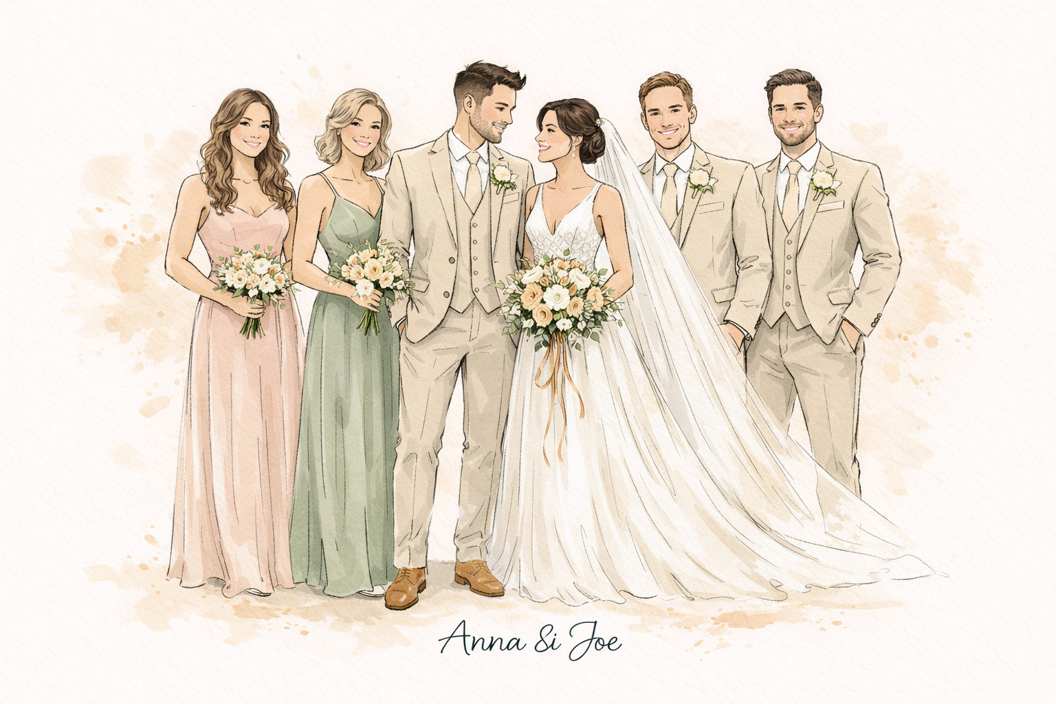 Hampshire wedding illustration of bride groom and bridal party in soft elegant sketch style