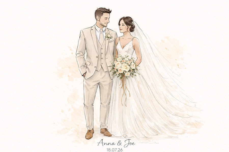 Hampshire wedding illustration of bride and groom in elegant soft neutral sketch style