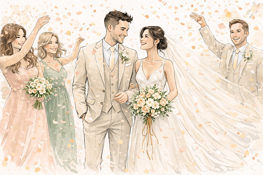 Hampshire wedding illustration of bride and groom walking through confetti in elegant sketch style