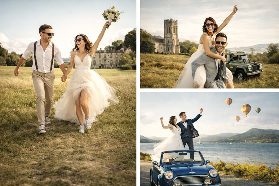 Romantic wedding collage showing couples celebrating at countryside estate, historic church setting and scenic Hampshire waterfront location.