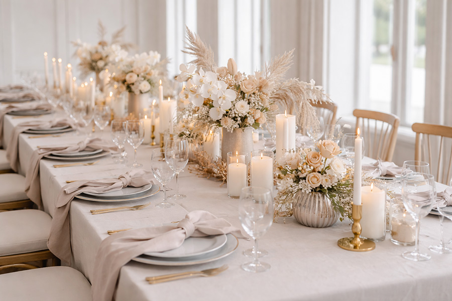 Elegant reception table styling at a Hampshire wedding venue with candles and florals