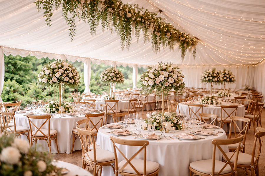 Elegant wedding reception setup inside marquee venue in Dorset