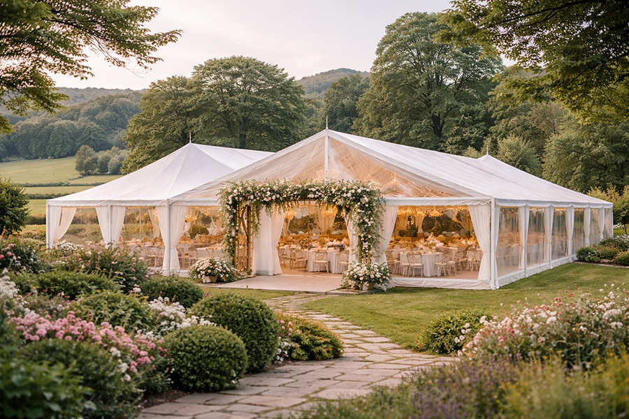 Large wedding marquee venue set in Dorset countryside landscape