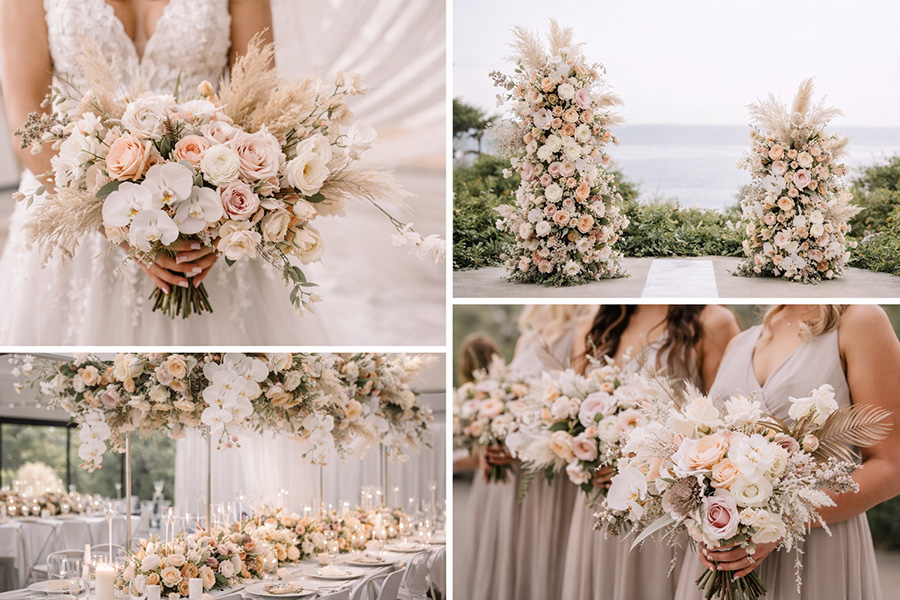 Contemporary wedding flowers by wedding florists Hampshire featuring bridal bouquets and floral ceremony styling