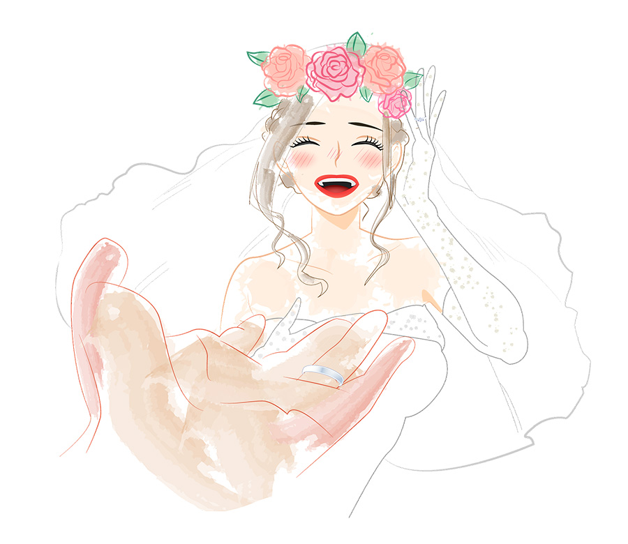 wedding-illustration-modern-bride-trend Modern wedding illustration of smiling bride with floral crown and veil holding partner’s hand, creative wedding trends inspiration