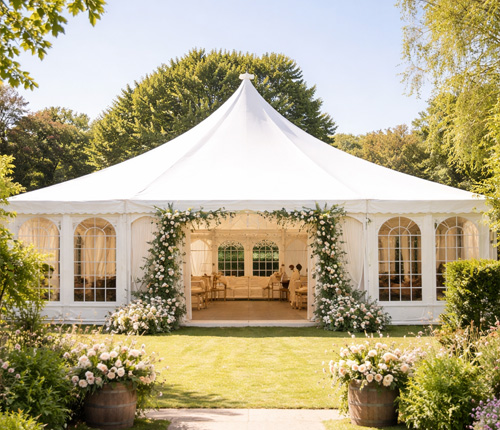 Outdoor wedding marquee venue setup in Dorset countryside