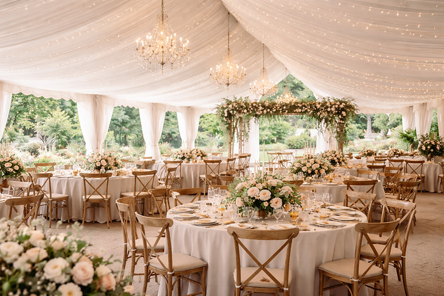 Elegant marquee wedding reception styling at a Hampshire wedding venue