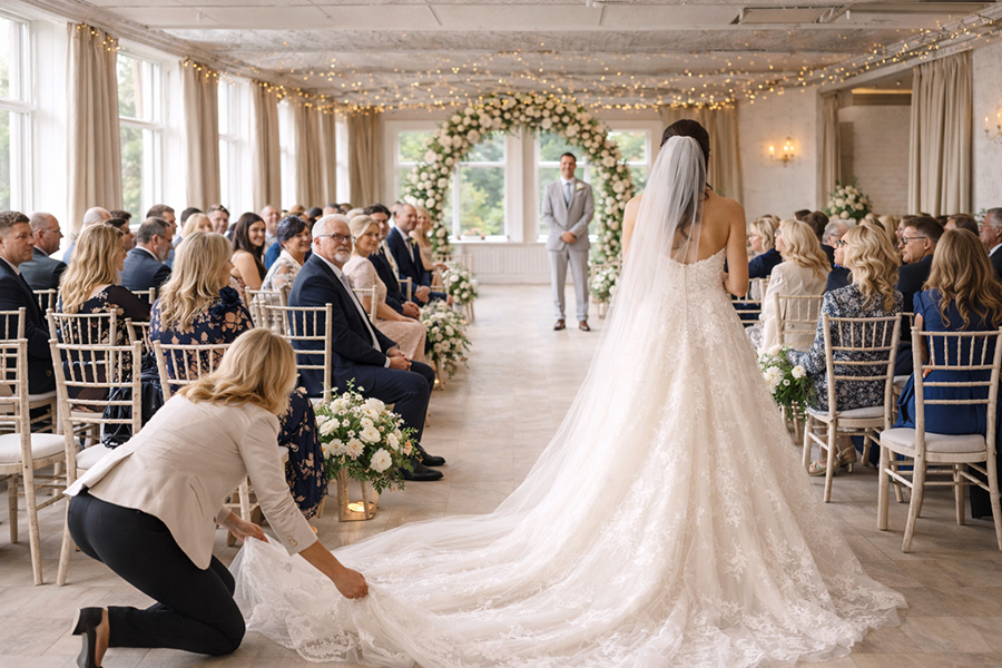 Wedding planner adjusting the bride’s dress train as she prepares to walk down the aisle in Dorset.