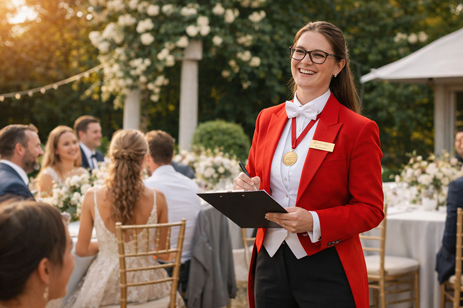 Wedding toastmaster addressing guests during outdoor wedding reception in countryside setting