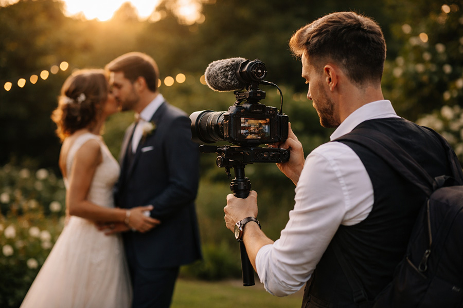 Wedding videographer filming bride and groom at golden hour in Dorset