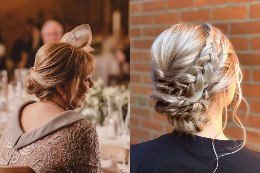 Bridal Hair by Abby Hampshire wedding hair stylist creating elegant bridal updo with braided detail