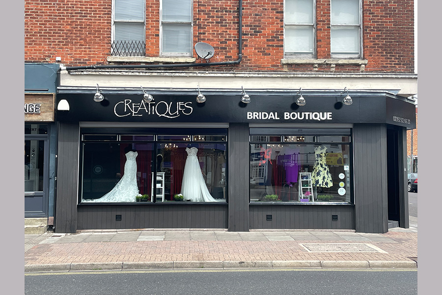 Creatiques bridal boutique shop front Southsea Hampshire wedding dress shop exterior