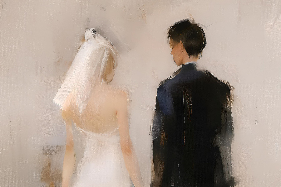 Live wedding painting capturing bride and groom from behind in a soft artistic style