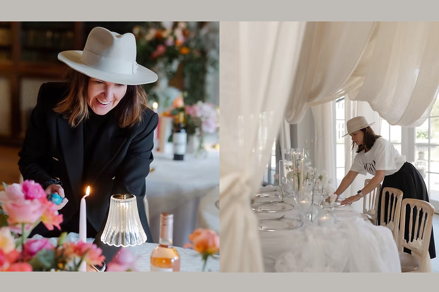 The Luxury Hire Co Hampshire wedding stylist setting up wedding decor and table styling