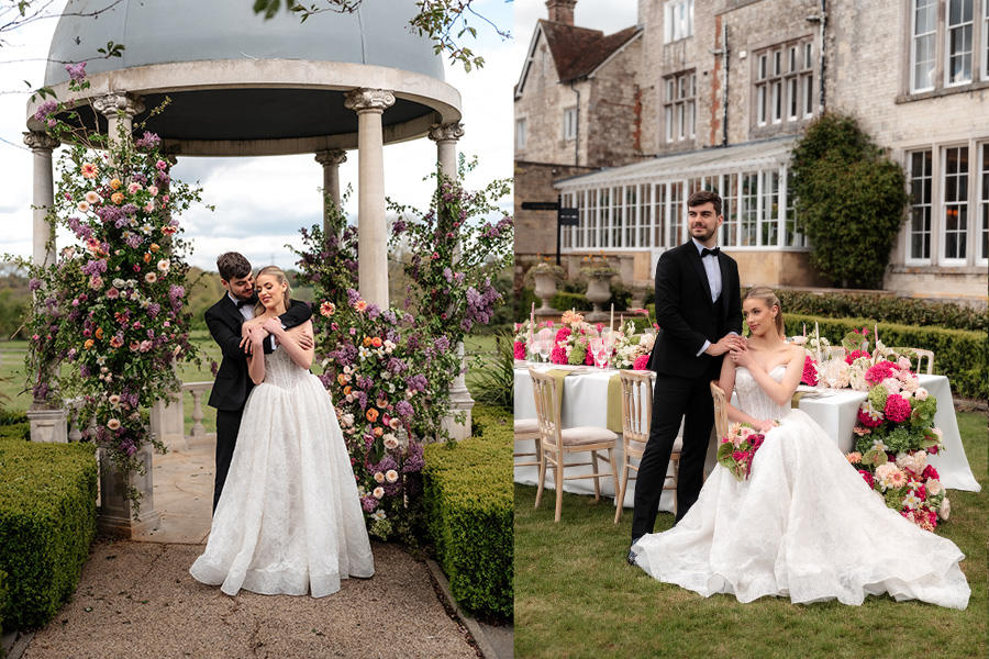Monets Floris wedding flowers ceremony arch and reception table styling Dorset wedding venue