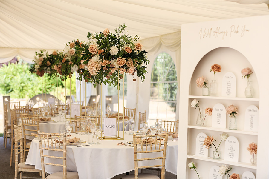 Wedding breakfast setup with floral centrepieces at The Orangery Suite Dorset wedding venue