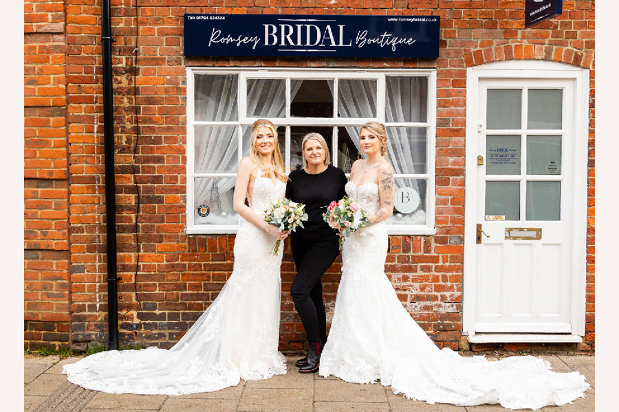 Romsey Bridal boutique exterior Hampshire wedding dress shop with brides outside