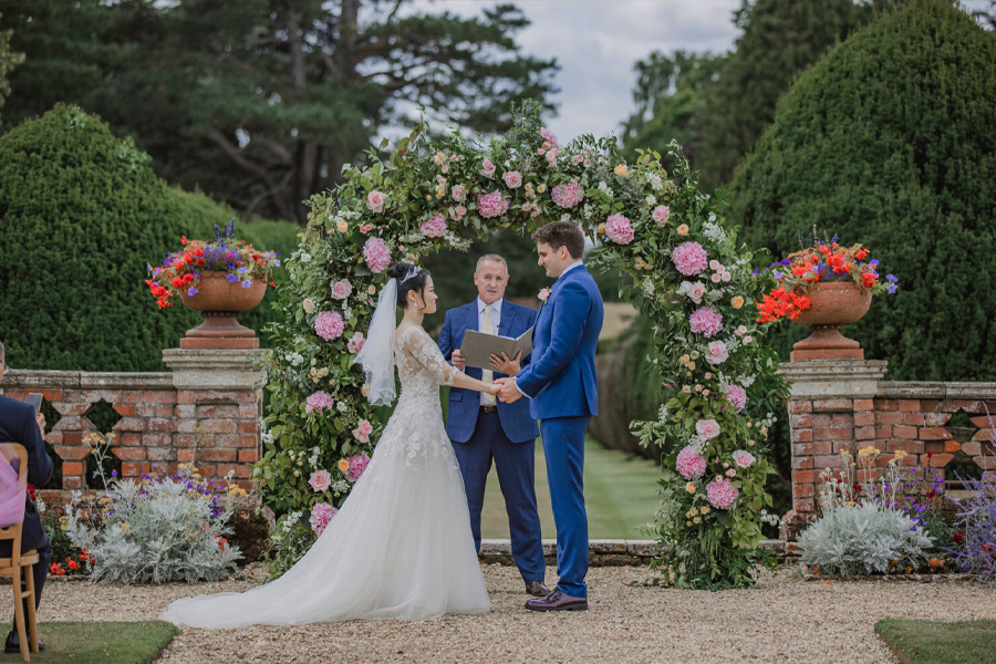 Outdoor wedding ceremony led by The Wessex Celebrant in a garden setting near Eastleigh and Southampton