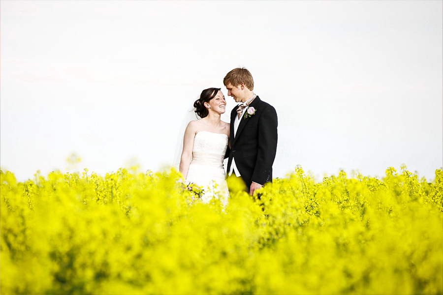 Bride and groom standing in a yellow flower field smiling at each other