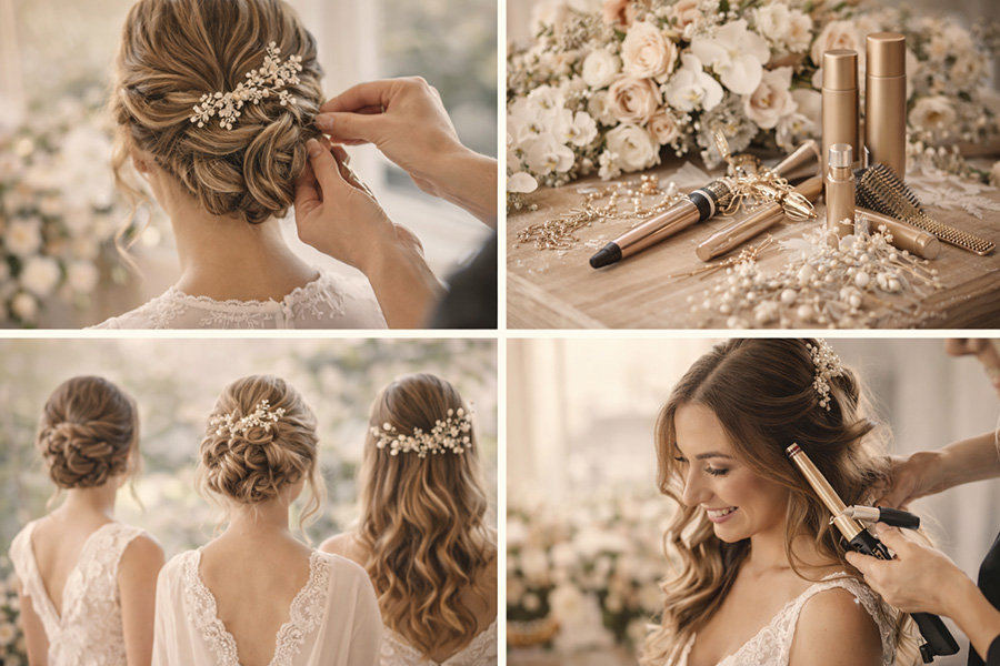 Bridal hair styling examples including updos and soft waves Wiltshire wedding