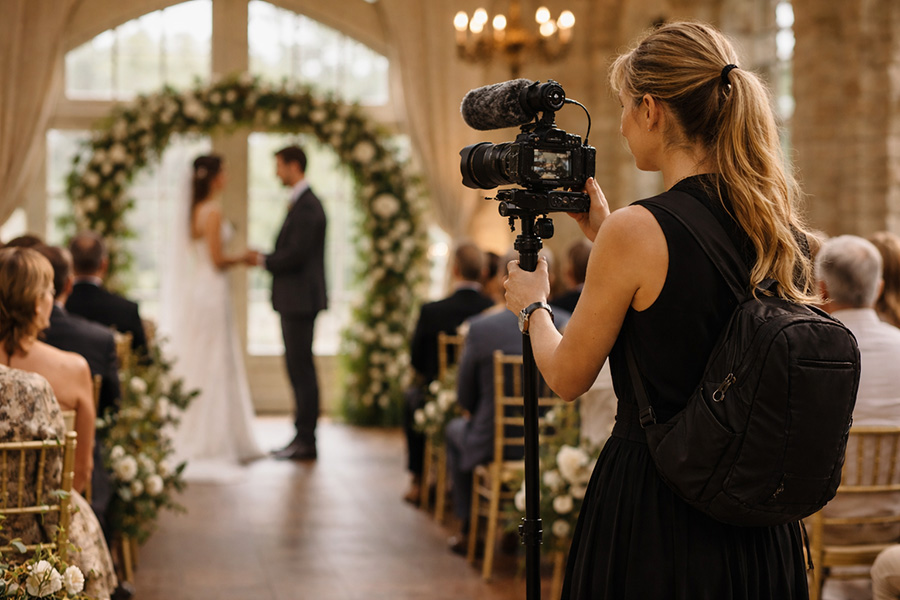 Wedding videographer filming ceremony indoors at Wiltshire wedding venue