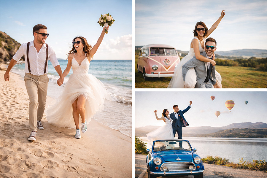Wedding couples celebrating on beach and countryside with vintage van and car, representing Wiltshire wedding planning and building a wedding team