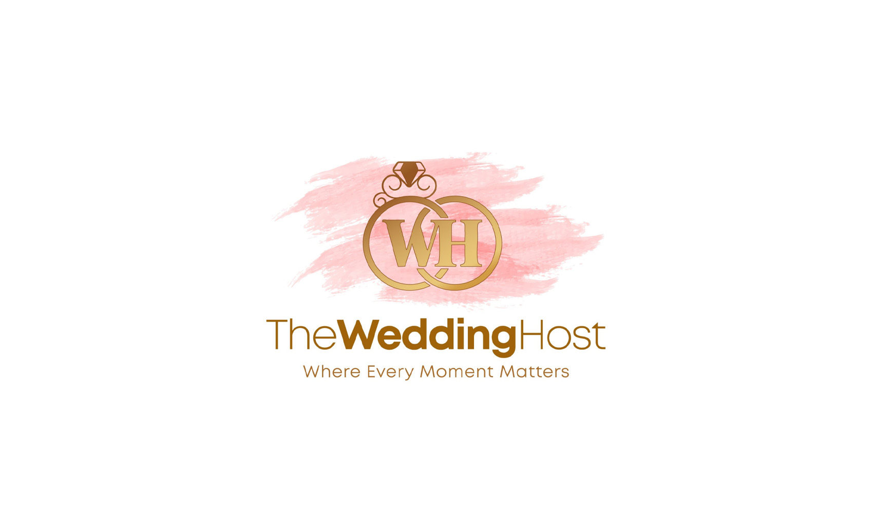 The Wedding Host luxury wedding hosting logo with gold typography and pink brush stroke background