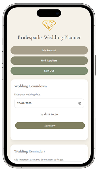 Bridesparks Wedding Planner app preview on mobile phone showing wedding countdown and supplier planning tools