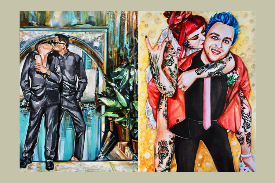 Expressive live wedding paintings by Cherry Mcloughlin featuring modern couples and colourful artistic wedding portraits in Hampshire