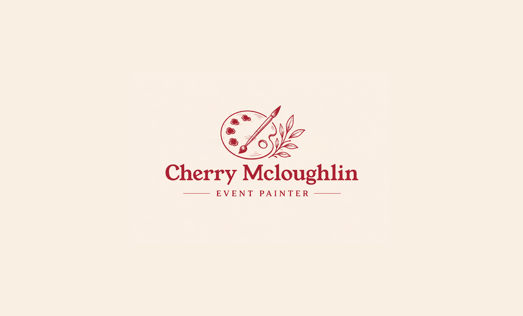 Elegant Cherry Mcloughlin Event Painter logo featuring a vintage artist palette and brush illustration in deep red on a soft cream background