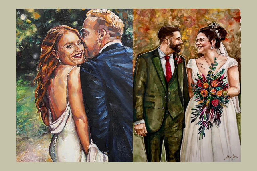 Colourful live wedding paintings by Cherry Mcloughlin featuring two Hampshire wedding couples in expressive artistic portrait style