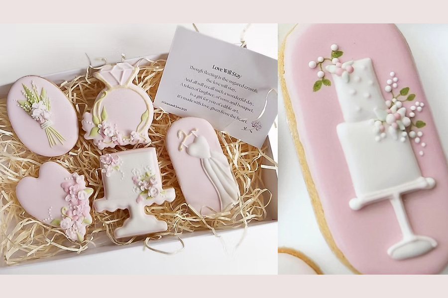 Luxury hand iced wedding biscuits and personalised wedding favours by Grace & Clover in Wiltshire