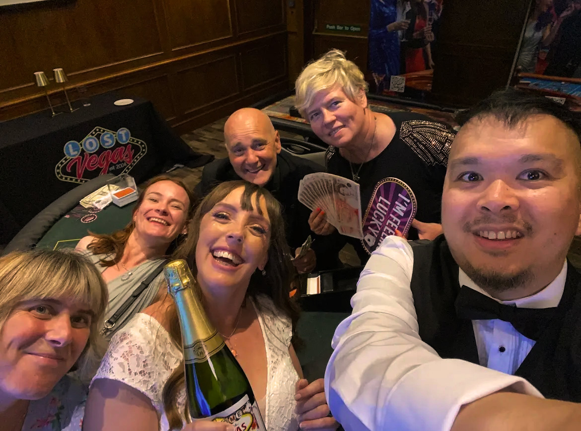Wedding guests enjoying fun casino entertainment with Lost Vegas<br />
 during an evening reception