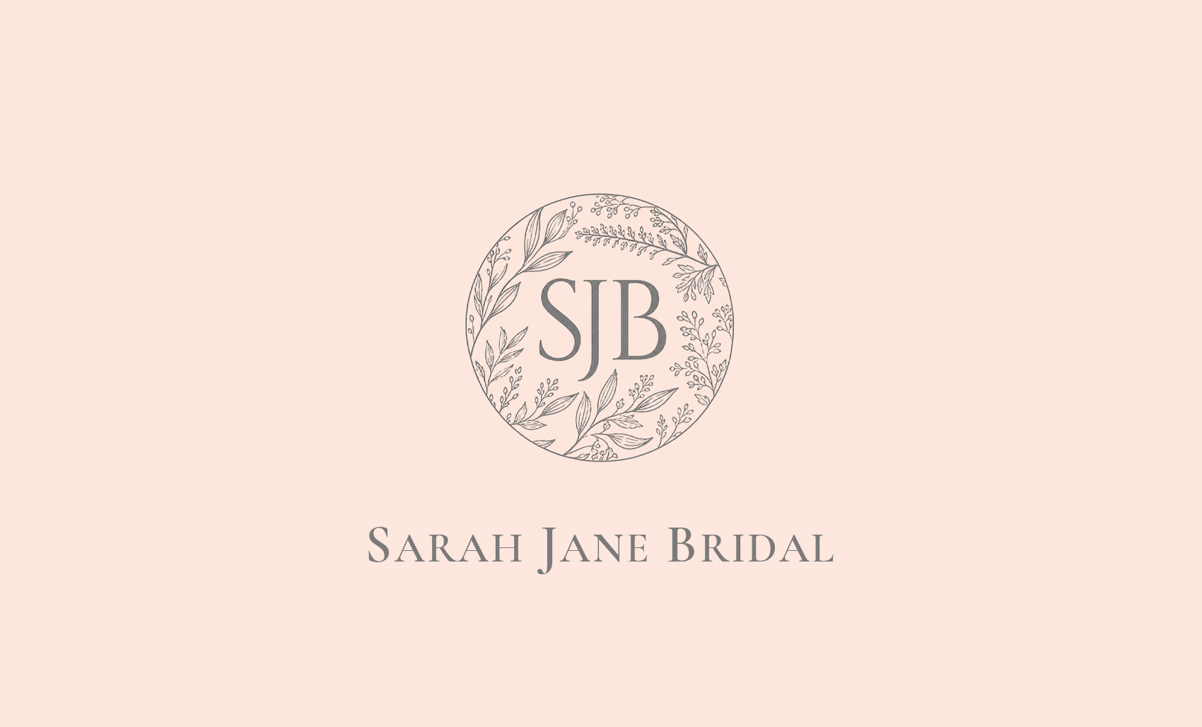 Sarah Jane Bridal logo featuring SJB monogram with botanical circle and elegant serif branding on soft blush background