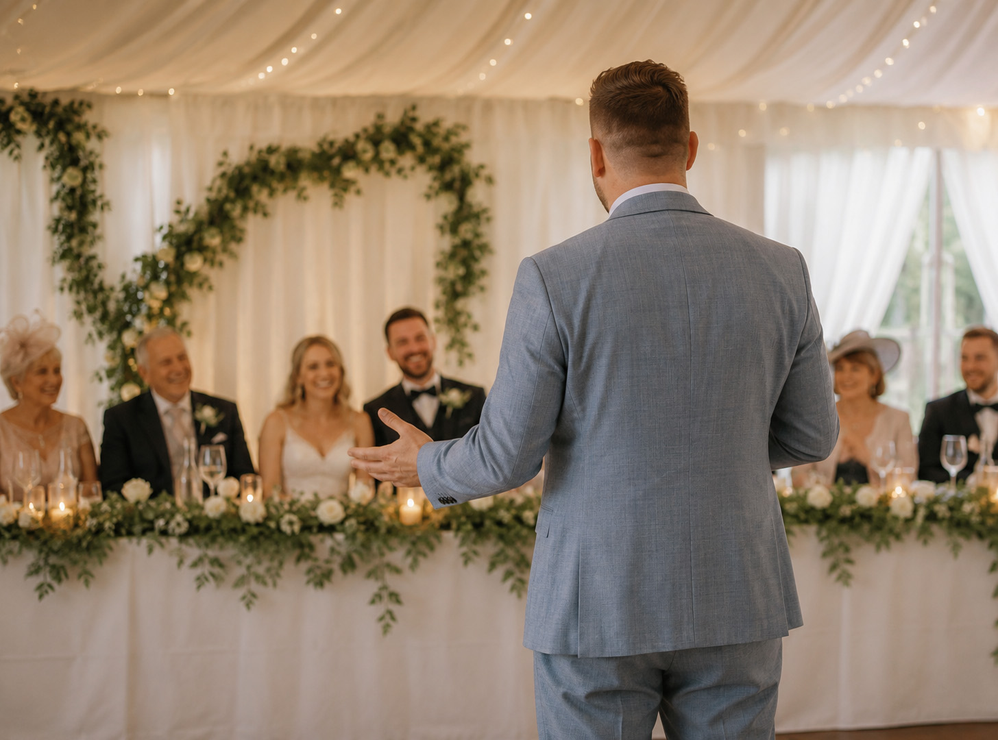 Wedding Host speaking to guests and newlyweds during a luxury wedding reception